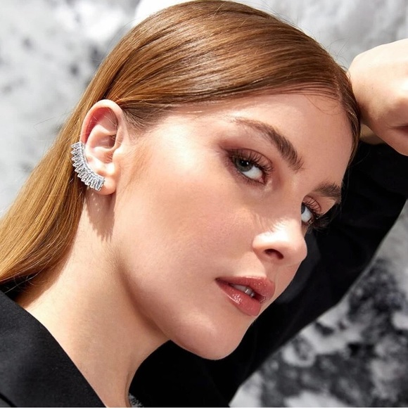 Any 2/$20! One Pair Silver Crystal Ear Crawlers Pierced w/Top Clip Earrings - Picture 2 of 6